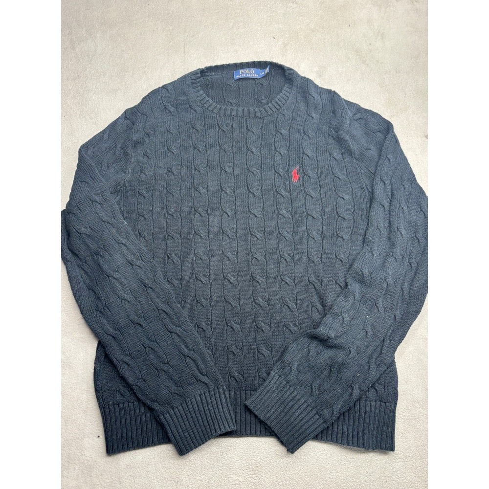 Polo Ralph Lauren Mens Cable Knit Sweater Navy Blue Red Pony Logo Size Large